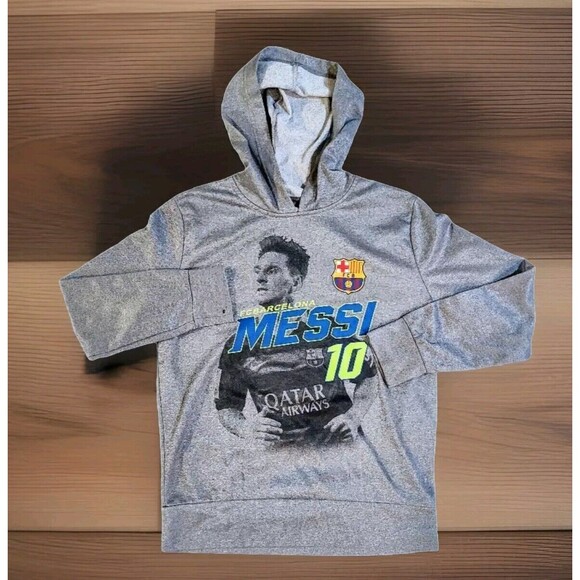 FCB Barcelona #10 Messi Hoodie Pullover Youth Size Large Gray Long Sleeve Sweat - Picture 1 of 16